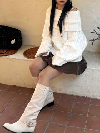Wide Cable Oversized Off-Shoulder Knit