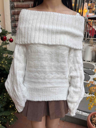 Wide Cable Oversized Off-Shoulder Knit