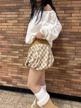 Soft Check Shirred Pumpkin Mini Skirt