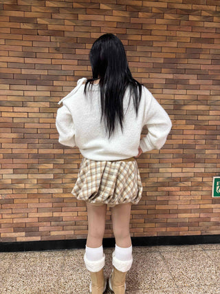 Soft Check Shirred Pumpkin Mini Skirt