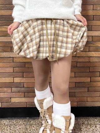 Soft Check Shirred Pumpkin Mini Skirt