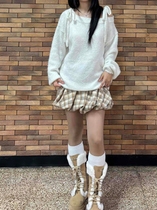 Soft Check Shirred Pumpkin Mini Skirt