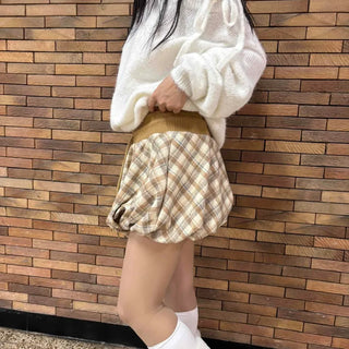 Soft Check Shirred Pumpkin Mini Skirt