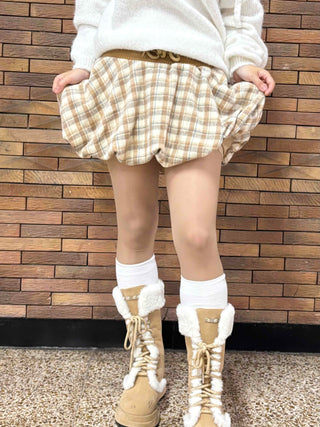Soft Check Shirred Pumpkin Mini Skirt