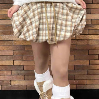 Soft Check Shirred Pumpkin Mini Skirt