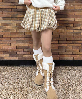 Soft Check Shirred Pumpkin Mini Skirt