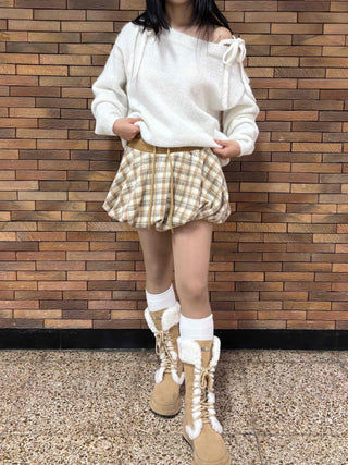 Soft Check Shirred Pumpkin Mini Skirt