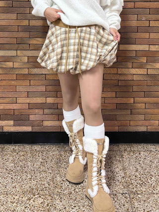 Soft Check Shirred Pumpkin Mini Skirt