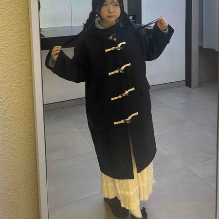 Casual Loose-fit Wood Button Hooded Long Duffle Coat