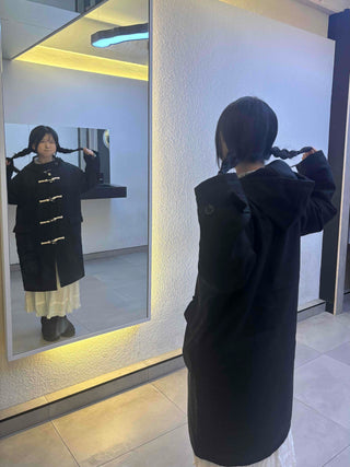 Casual Loose-fit Wood Button Hooded Long Duffle Coat