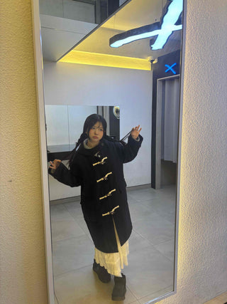 Casual Loose-fit Wood Button Hooded Long Duffle Coat