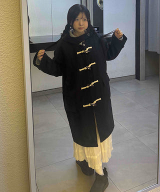 Casual Loose-fit Wood Button Hooded Long Duffle Coat