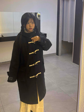 Casual Loose-fit Wood Button Hooded Long Duffle Coat