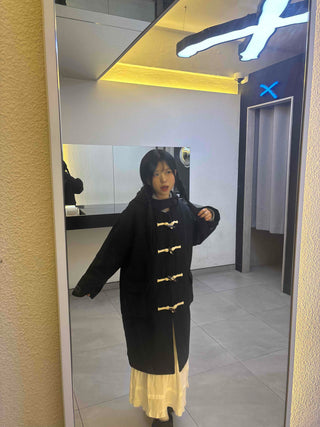 Casual Loose-fit Wood Button Hooded Long Duffle Coat
