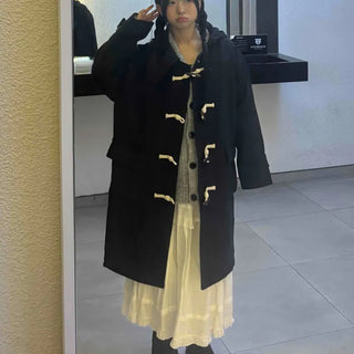 Casual Loose-fit Wood Button Hooded Long Duffle Coat