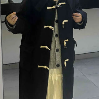 Casual Loose-fit Wood Button Hooded Long Duffle Coat