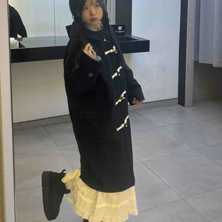 Casual Loose-fit Wood Button Hooded Long Duffle Coat