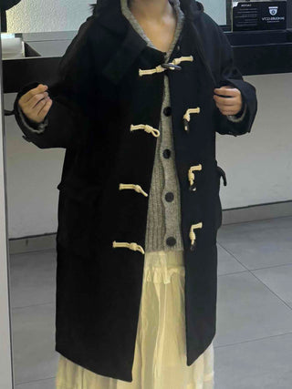 Casual Loose-fit Wood Button Hooded Long Duffle Coat