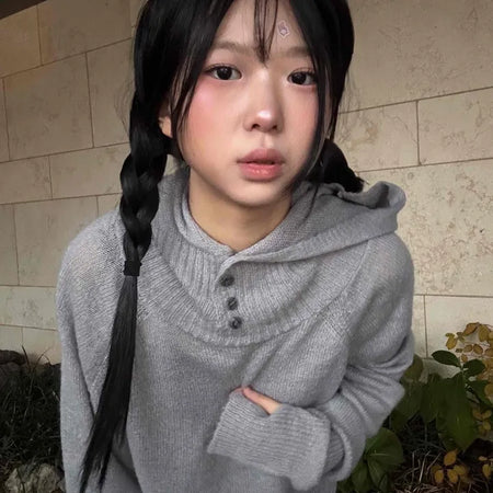 Button Neck Hooded Loose Fit Knit
