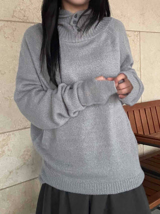 Button Neck Hooded Loose Fit Knit