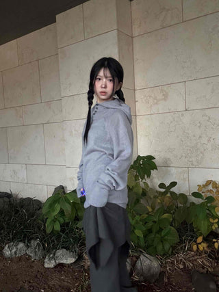 Button Neck Hooded Loose Fit Knit