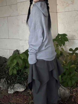 Button Neck Hooded Loose Fit Knit