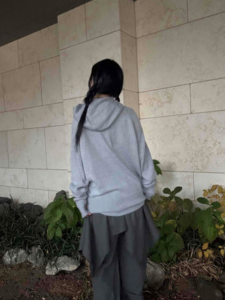 Button Neck Hooded Loose Fit Knit