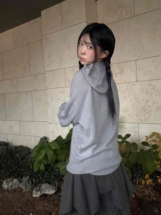Button Neck Hooded Loose Fit Knit