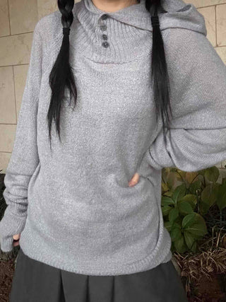 Button Neck Hooded Loose Fit Knit