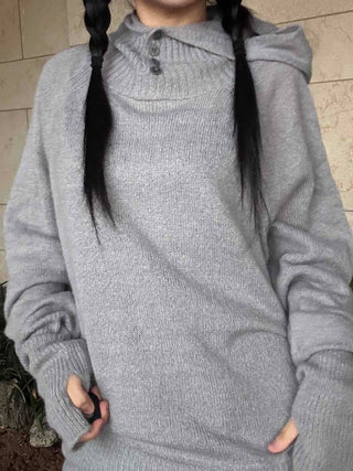 Button Neck Hooded Loose Fit Knit