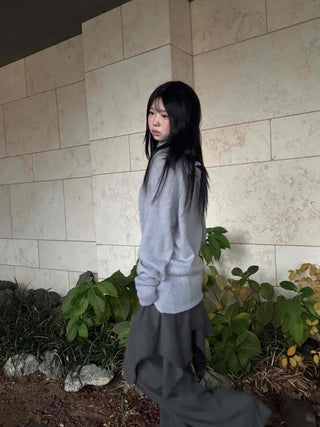 Button Neck Hooded Loose Fit Knit