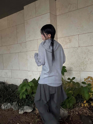 Button Neck Hooded Loose Fit Knit