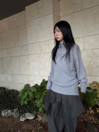 Button Neck Hooded Loose Fit Knit