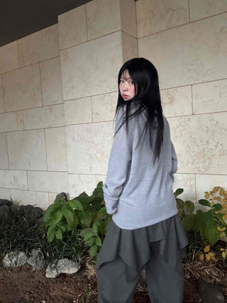 Button Neck Hooded Loose Fit Knit