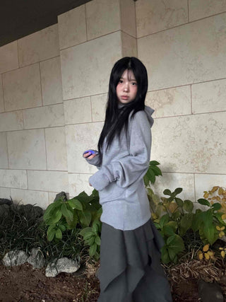 Button Neck Hooded Loose Fit Knit