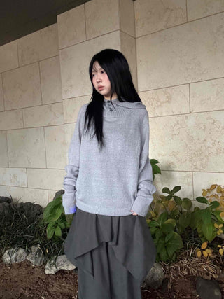Button Neck Hooded Loose Fit Knit