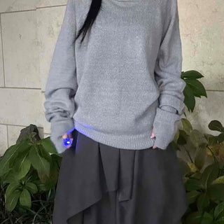 Button Neck Hooded Loose Fit Knit