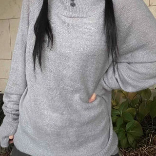 Button Neck Hooded Loose Fit Knit