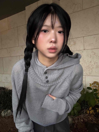 Button Neck Hooded Loose Fit Knit