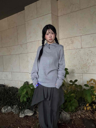 Button Neck Hooded Loose Fit Knit