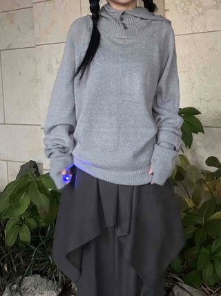 Button Neck Hooded Loose Fit Knit
