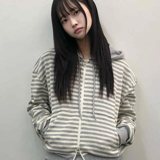 Striped Loose Fit Zip-Up Hoodie