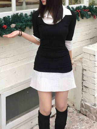 Tennis Pleated Color Block Knit Dress