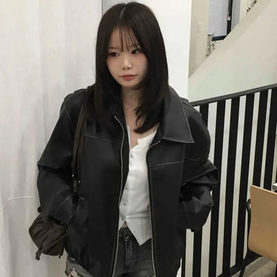 Utility Pocket Collar Leather Jacket