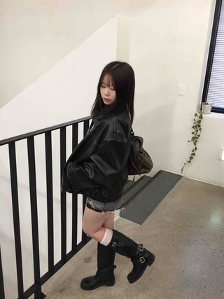 Utility Pocket Collar Leather Jacket