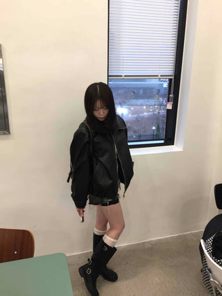 Utility Pocket Collar Leather Jacket