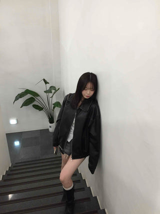 Utility Pocket Collar Leather Jacket