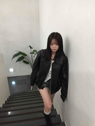Utility Pocket Collar Leather Jacket