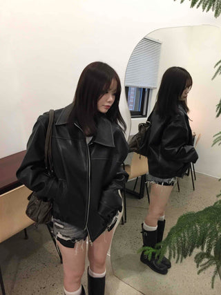 Utility Pocket Collar Leather Jacket