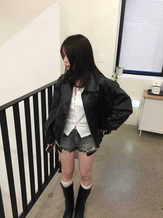 Utility Pocket Collar Leather Jacket